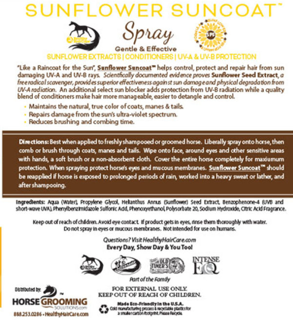 Horse Sunscreen SPF Sunflower Suncoat for Coat, Mane and Tail by Healthy HairCare-Back Label