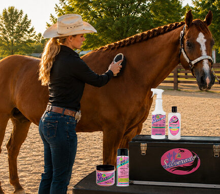 Woman grooming her show horse with Silverado products