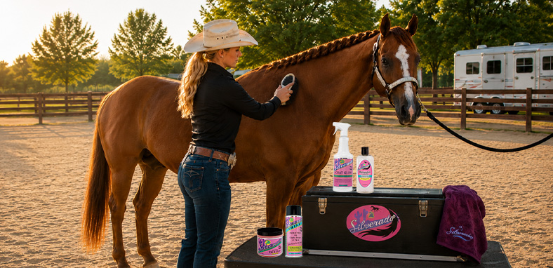 Woman grooming her show horse with Silverado products